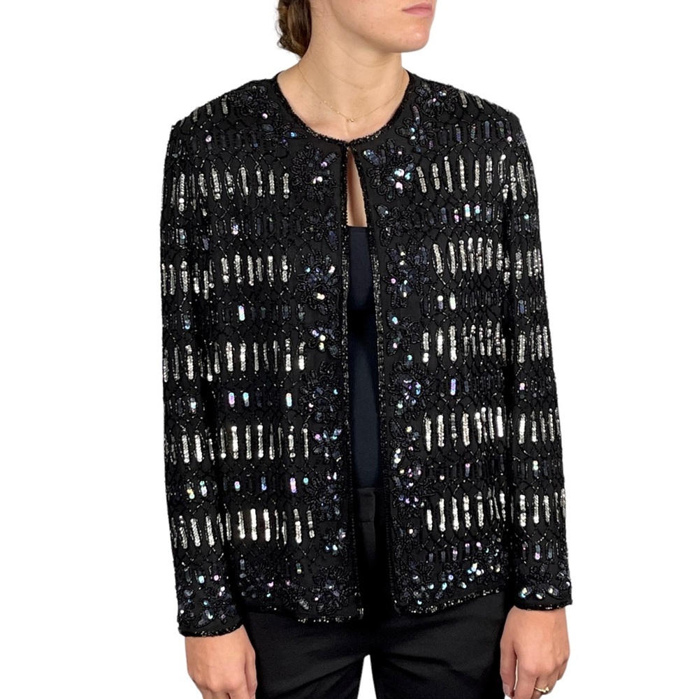 ADRIANNA PAPELL VINTAGE BEAD EMBELLISHED SPARKLY SILK HOLIDAY EVENING JACKET